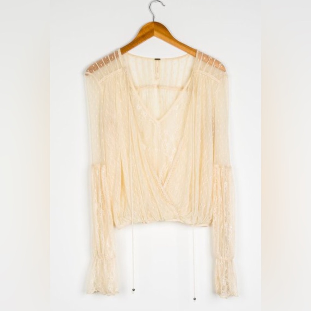 Free People Far Away Lace Blouse Medium Cream Sheer Boho Romantic Top - Picture 15 of 16